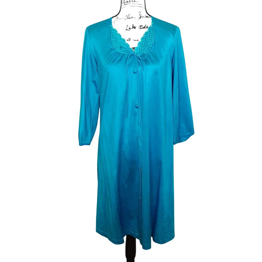 Vintage 60s Blue Satin House Dress Ice Blue Bed Coat MuuMuu Dressing Gown